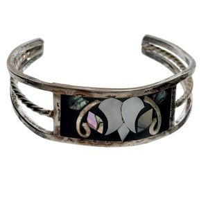 Vintage Abalone Shell Inlay Black MOP Flower Silver Open Cuff Bracelet